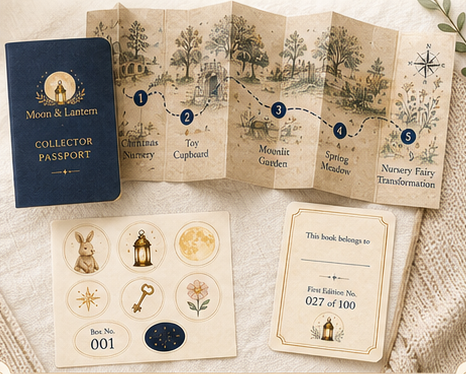 Collector Passport, five-panel story map, sticker sheet and personalized bookplate