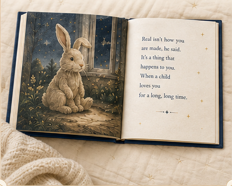 Open Moon & Lantern storybook showing the Velveteen Rabbit on cream bedding
