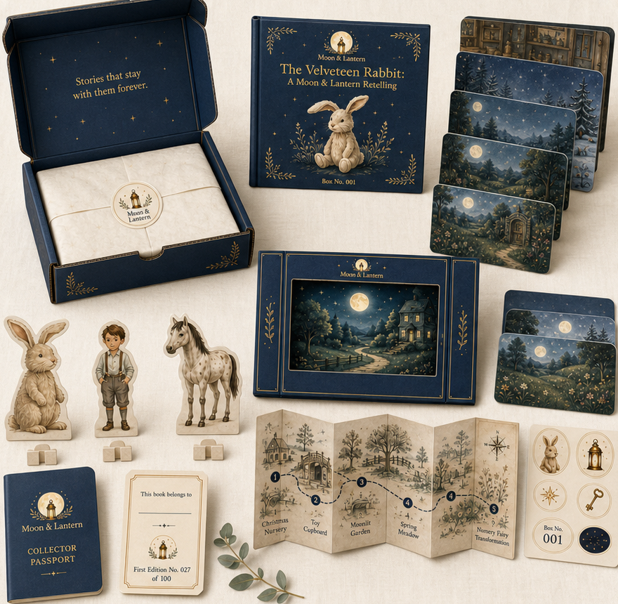 The complete Moon & Lantern first-edition box contents arranged together