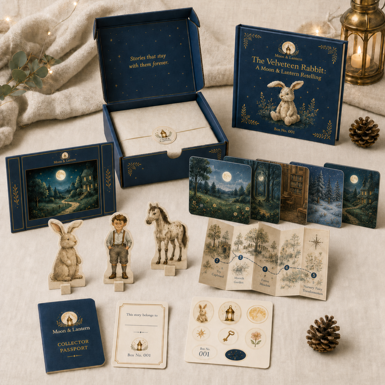 Concept visualization of the Moon & Lantern Velveteen Rabbit collector box and its proposed contents.