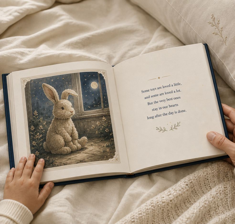 Open Moon & Lantern Velveteen Rabbit book held by a child and adult on cream bedding