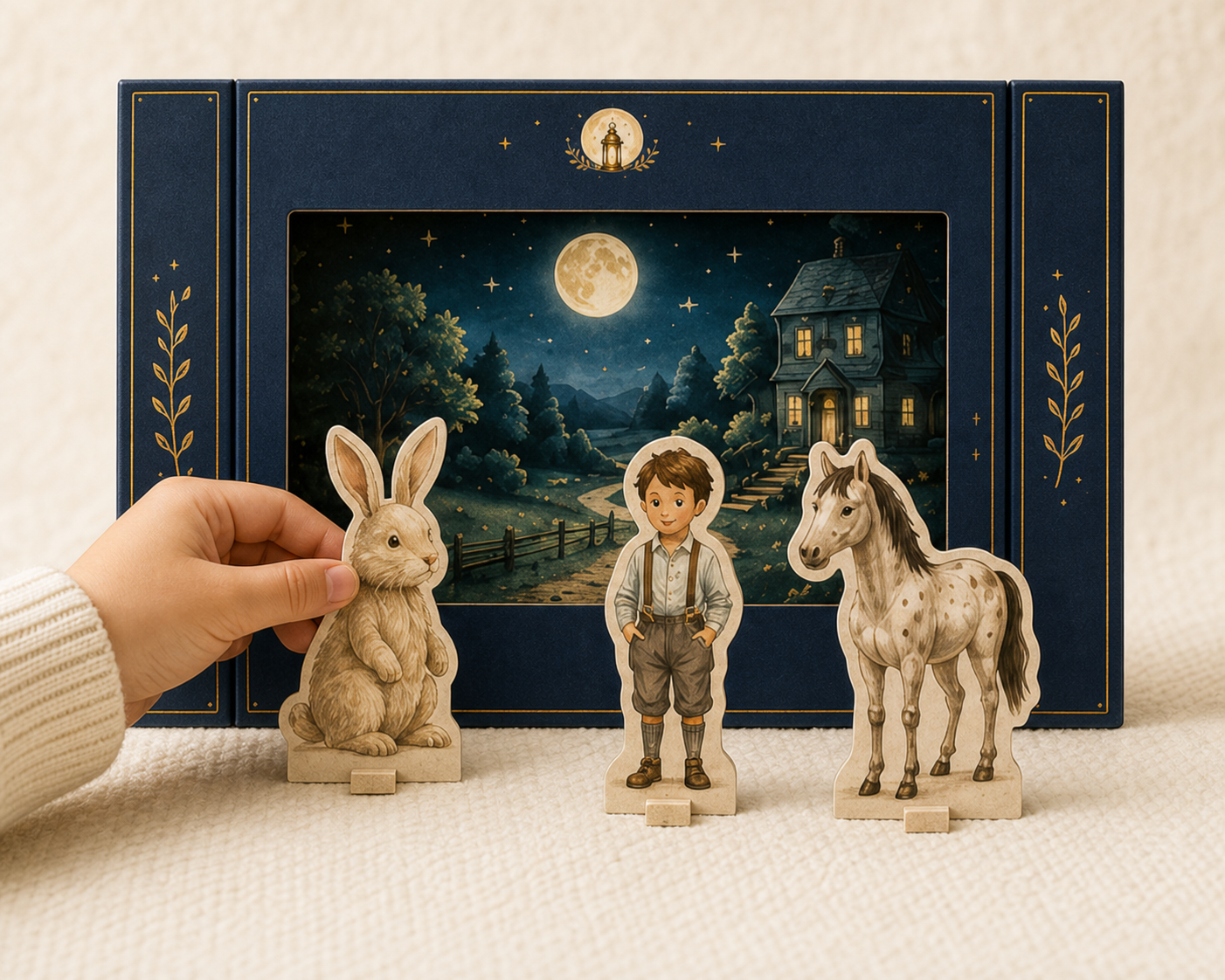 Moon & Lantern story theatre with backdrop and Rabbit, Boy and Skin Horse standees