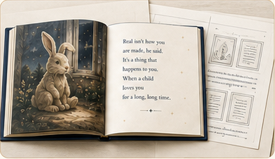 Open Moon & Lantern Rabbit sample spread beside a clean layout proof