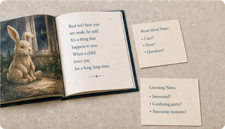 Open Rabbit sample spread beside two read-aloud note cards